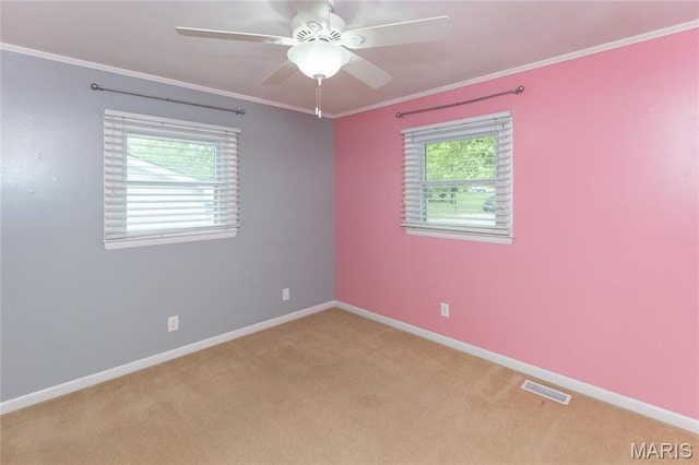 spare room with baseboards, carpet, ceiling fan, and crown molding