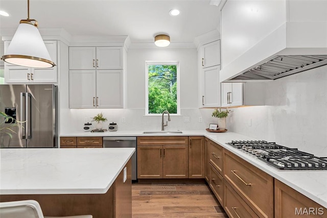 kitchen with stainless steel appliances, a sink, custom exhaust hood, recessed lighting, and wood finished floors