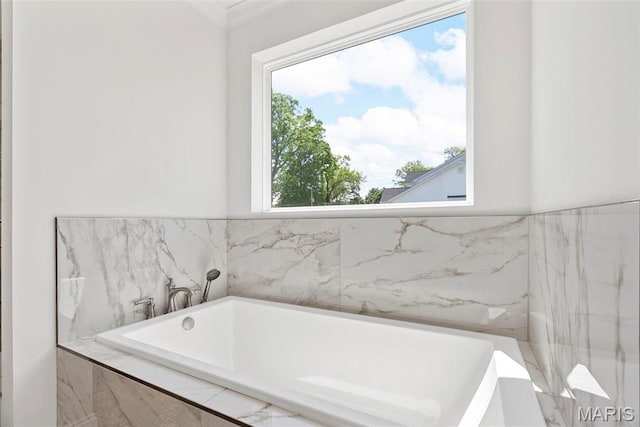 bathroom with a bathtub and crown molding