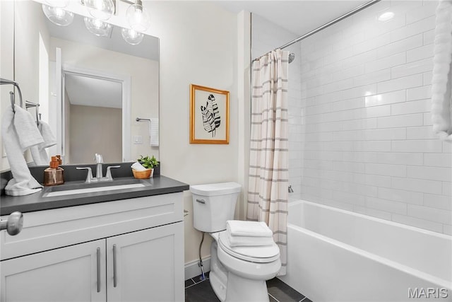 bathroom featuring toilet, shower / tub combo with curtain, tile patterned flooring, and vanity