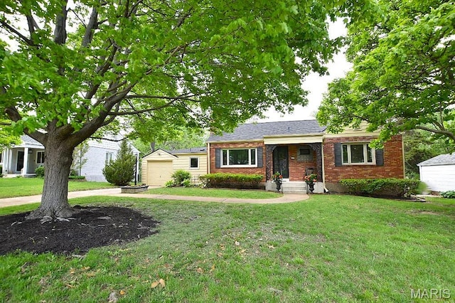 ranch-style house featuring brick siding, concrete driveway, a front lawn, and a garage