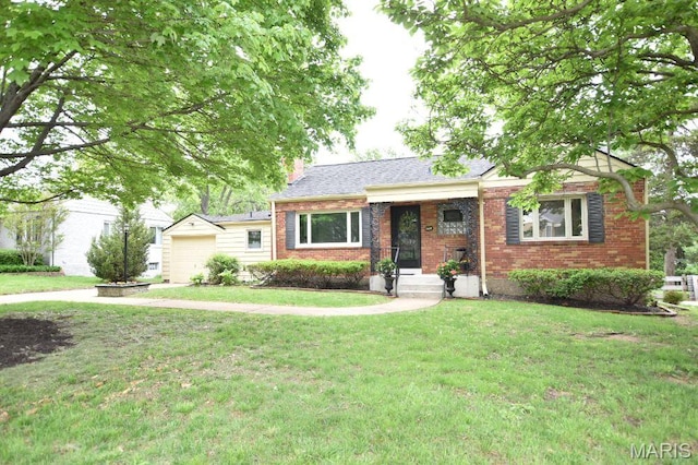 single story home featuring brick siding, a front lawn, and a garage