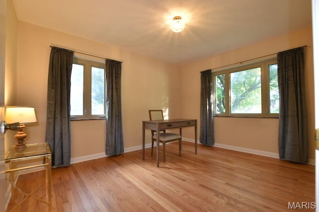 interior space with plenty of natural light, wood finished floors, and baseboards