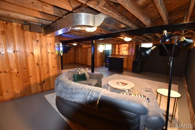 below grade area with wooden walls