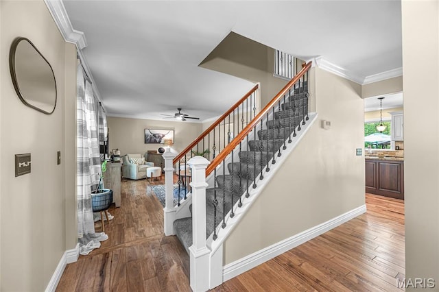 staircase with crown molding, baseboards, wood-type flooring, and a ceiling fan