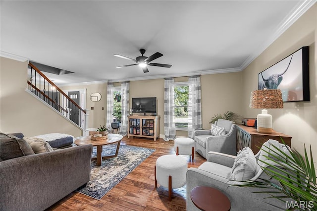 living area featuring stairs, crown molding, ceiling fan, wood finished floors, and baseboards