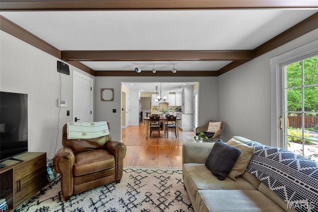 living area with light wood-style floors and a chandelier