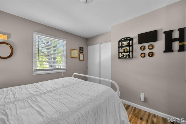 bedroom featuring dark wood-type flooring, baseboards, and a closet