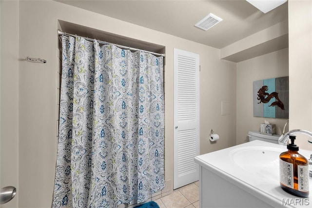 full bath featuring tile patterned flooring, vanity, and a shower with shower curtain