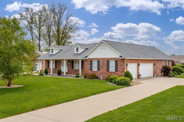 9574 Woodcrest Pl, Breese, IL 62230 - cape cod-style house with brick siding, an attached garage, a front lawn, and driveway