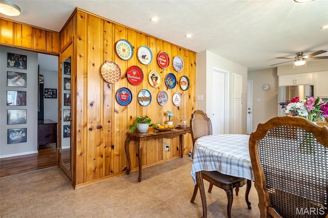 729 W State St, Union, MO 63084 - dining space featuring ceiling fan, wood walls, baseboards, light colored carpet, and recessed lighting