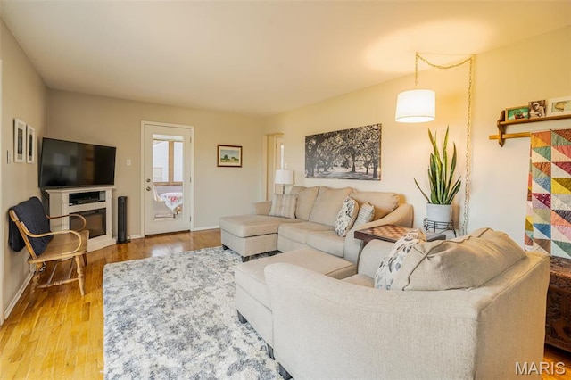 729 W State St, Union, MO 63084 - living room featuring wood finished floors, baseboards, and a glass covered fireplace