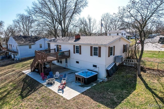 729 W State St, Union, MO 63084 - back of house featuring stairway, a wooden deck, a chimney, a patio, and central AC unit
