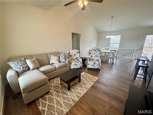 282 Railroad St, Moscow Mills, MO 63362 - living area featuring a ceiling fan, wood finished floors, and high vaulted ceiling