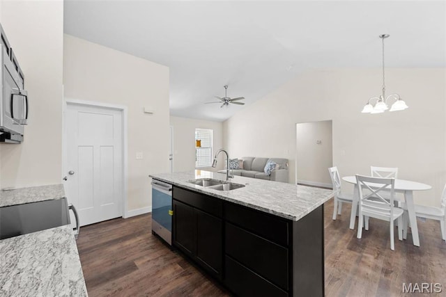 282 Railroad St, Moscow Mills, MO 63362 - kitchen featuring a sink, dishwasher, lofted ceiling, dark wood-type flooring, and ceiling fan