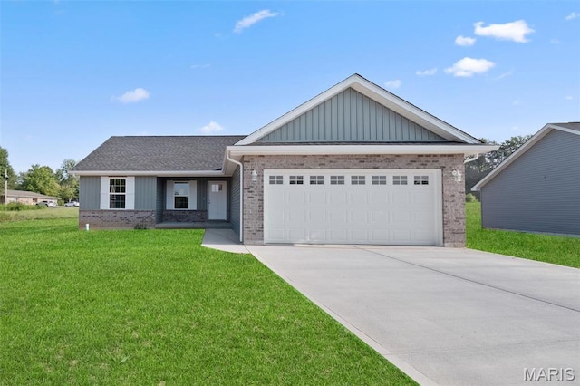 282 Railroad St, Moscow Mills, MO 63362 - ranch-style home with brick siding, board and batten siding, driveway, a front lawn, and an attached garage