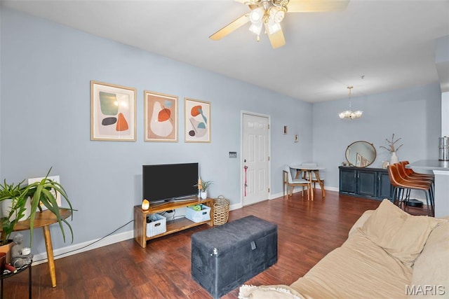 1239 Gardens Circle Dr Unit I, Saint Louis, MO 63125 - living room with a chandelier, ceiling fan, wood finished floors, and baseboards
