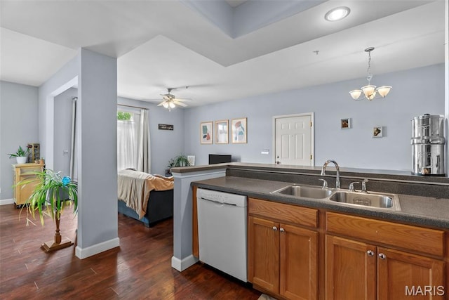 1239 Gardens Circle Dr Unit I, Saint Louis, MO 63125 - kitchen featuring white dishwasher, a sink, dark countertops, and brown cabinetry