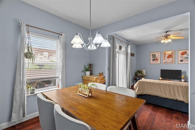 1239 Gardens Circle Dr Unit I, Saint Louis, MO 63125 - dining room featuring a chandelier, dark wood finished floors, baseboards, and a ceiling fan