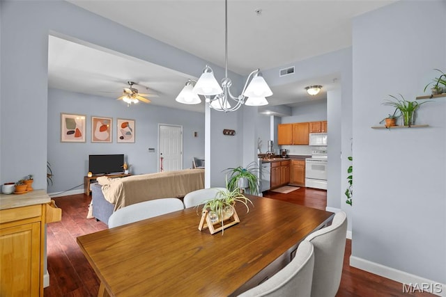 1239 Gardens Circle Dr Unit I, Saint Louis, MO 63125 - dining room featuring a chandelier, dark wood-style floors, baseboards, and a ceiling fan