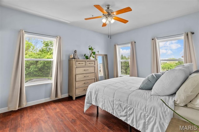 1239 Gardens Circle Dr Unit I, Saint Louis, MO 63125 - bedroom featuring baseboards, dark wood finished floors, and ceiling fan
