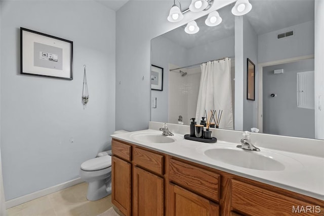 1239 Gardens Circle Dr Unit I, Saint Louis, MO 63125 - full bath with toilet, double vanity, a shower with shower curtain, baseboards, and tile patterned flooring