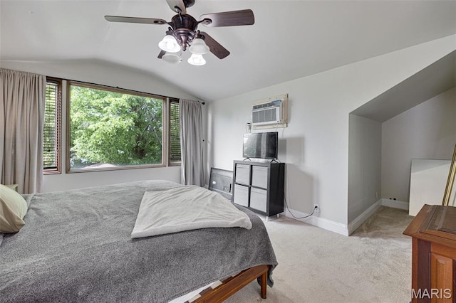 5245 Robert Ave, Saint Louis, MO 63109 - bedroom featuring lofted ceiling, light carpet, baseboards, a wall mounted air conditioner, and ceiling fan