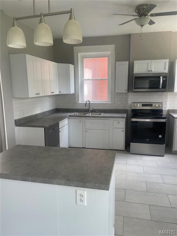 5614 Etzel Ave, Saint Louis, MO 63112 - kitchen featuring appliances with stainless steel finishes, a sink, dark countertops, backsplash, and white cabinetry