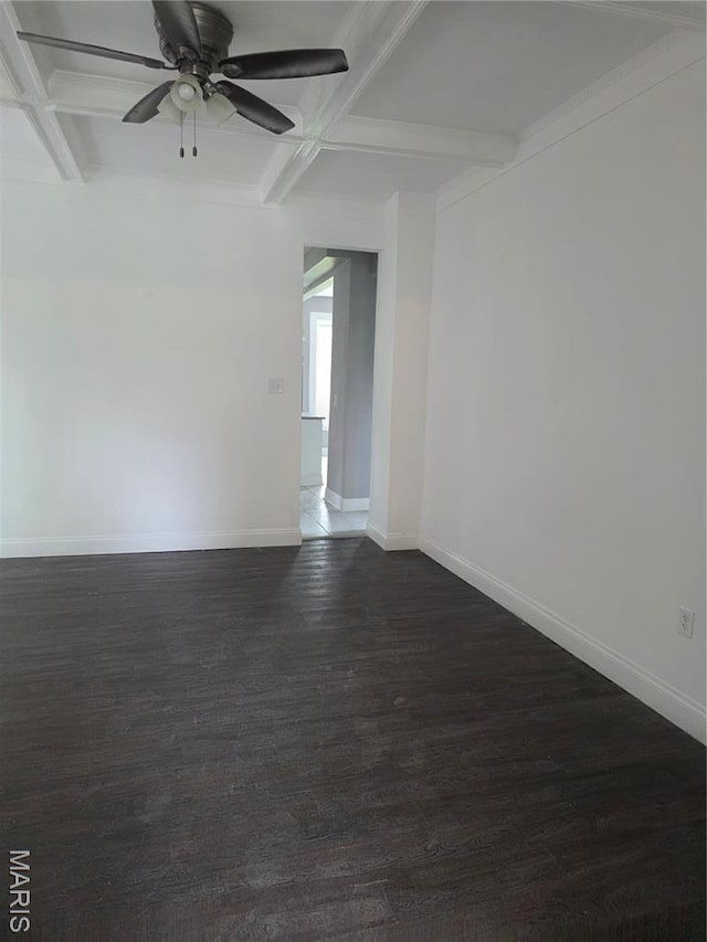 5614 Etzel Ave, Saint Louis, MO 63112 - empty room with coffered ceiling, baseboards, dark wood-style flooring, beam ceiling, and a ceiling fan