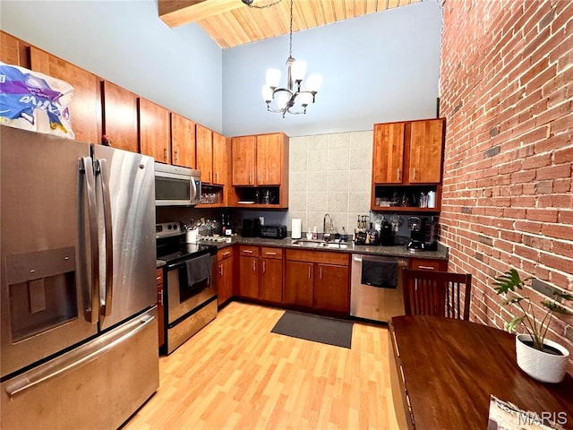 1113 Washington Ave Unit 312, Saint Louis, MO 63101 - kitchen featuring stainless steel appliances, a sink, dark countertops, a chandelier, and high vaulted ceiling
