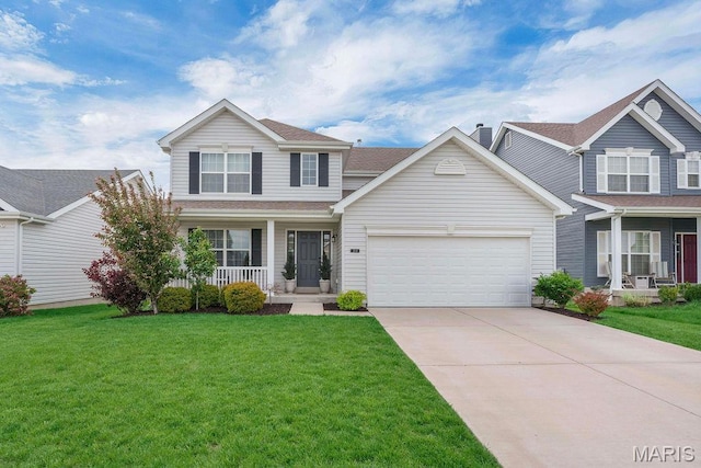 204 Charlestowne Place Dr, Saint Charles, MO 63301 - traditional-style house with covered porch, driveway, a garage, and a front yard