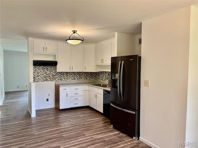 213 Todd Ln, Belleville, IL 62221 - kitchen featuring black appliances, ventilation hood, dark wood finished floors, white cabinets, and decorative backsplash