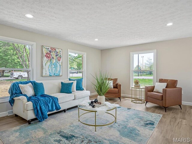 496 E 2nd St, Trenton, IL 62293 - living room with a textured ceiling, baseboards, wood finished floors, and recessed lighting