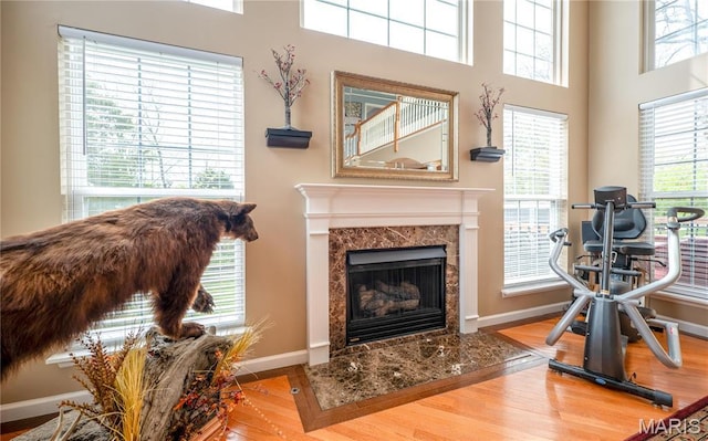 1004 Kodiak Ct, Wentzville, MO 63385 - workout room with wood finished floors, a fireplace, and a high ceiling