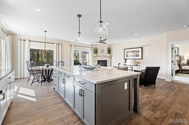 134 Columbia Meadows Ln, Ofallon, MO 63366 - kitchen with a stone fireplace, gray cabinets, wood finished floors, a ceiling fan, and recessed lighting