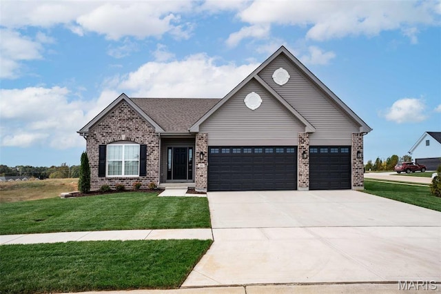 134 Columbia Meadows Ln, Ofallon, MO 63366 - ranch-style home with brick siding, a front lawn, an attached garage, and concrete driveway