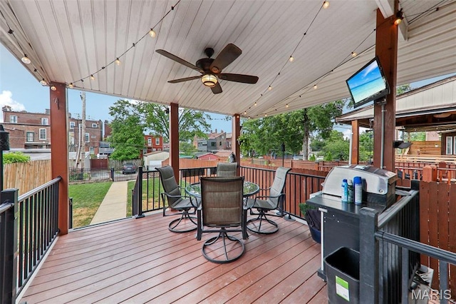 2116 Victor St, Saint Louis, MO 63104 - deck featuring outdoor dining area, a fenced backyard, a ceiling fan, and a residential view