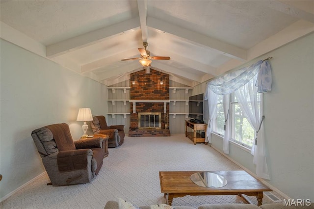 6344 Gibison Rd, Troy, MO 63379 - carpeted living area featuring baseboards, a ceiling fan, and a brick fireplace