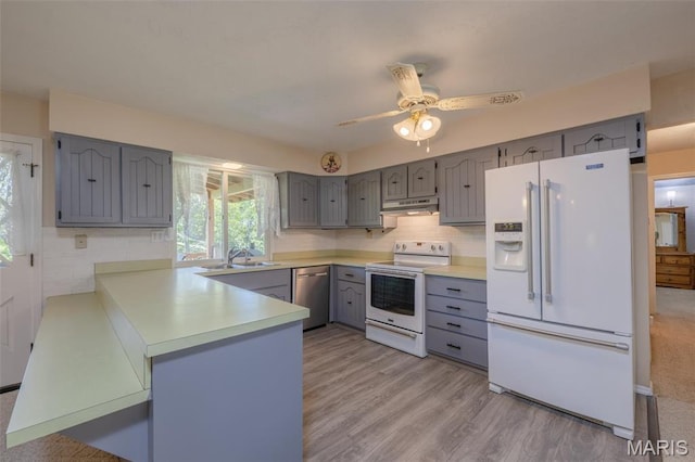 6344 Gibison Rd, Troy, MO 63379 - kitchen with white appliances, gray cabinetry, a peninsula, under cabinet range hood, and decorative backsplash