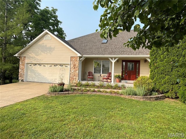 5026 Kype View Ave, Festus, MO 63028 - view of front of property featuring a porch, an attached garage, driveway, roof with shingles, and a front lawn