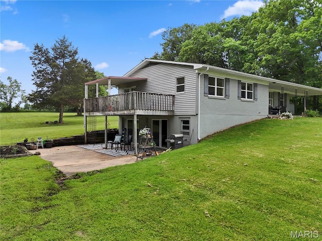 3066 W Meyer Rd, Foristell, MO 63348 - rear view of house featuring a patio area, a lawn, a deck, and brick siding