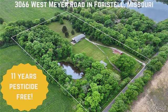 3066 W Meyer Rd, Foristell, MO 63348 - aerial overview of property's location with property parcel outlined and a nearby body of water