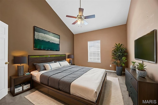 1131 Saravalle Dr, Saint Peters, MO 63376 - bedroom featuring carpet floors, lofted ceiling, baseboards, and ceiling fan