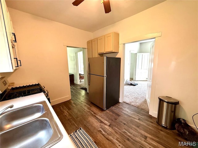 405 W Magnolia St, Marine, IL 62061 - kitchen with appliances with stainless steel finishes, a sink, dark wood finished floors, a ceiling fan, and baseboards