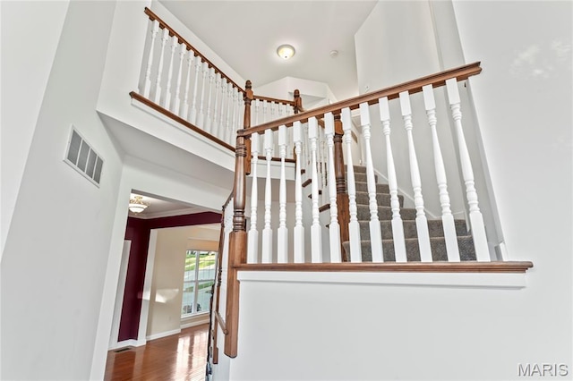 2158 Avalon Ridge Cir, Fenton, MO 63026 - stairway featuring wood finished floors, baseboards, and a high ceiling