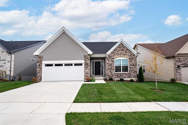 ranch-style house featuring brick siding, driveway, a front yard, and an attached garage