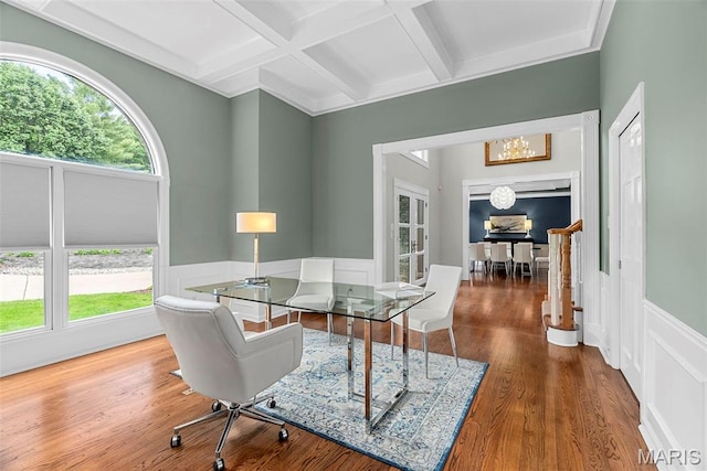 1424 Haarman Oak Dr, Wildwood, MO 63005 - office area featuring coffered ceiling, wainscoting, beam ceiling, a chandelier, and wood finished floors