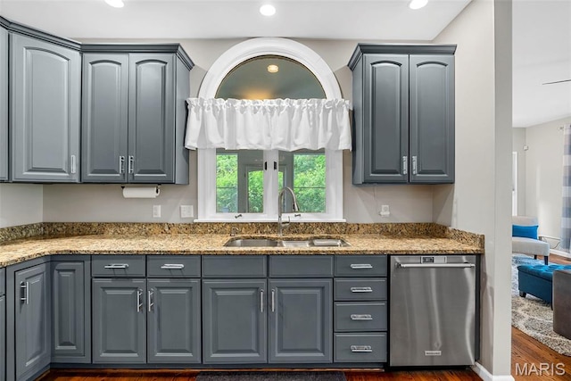 1424 Haarman Oak Dr, Wildwood, MO 63005 - kitchen featuring stainless steel dishwasher, a sink, gray cabinetry, light stone countertops, and recessed lighting