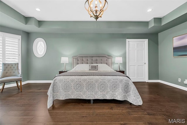 1424 Haarman Oak Dr, Wildwood, MO 63005 - bedroom featuring baseboards, wood-type flooring, recessed lighting, and a chandelier
