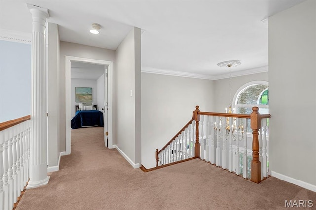 1424 Haarman Oak Dr, Wildwood, MO 63005 - corridor featuring an upstairs landing, carpet floors, baseboards, and ornamental molding